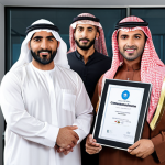 **A confident Arab business leader** stands in a modern office, holding a Certified Professional Leader (CPL) certificate. The background shows a diverse team collaborating, symbolizing effective leadership. Focus on conveying professionalism and international recognition.