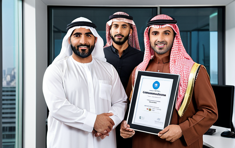**A confident Arab business leader** stands in a modern office, holding a Certified Professional Leader (CPL) certificate. The background shows a diverse team collaborating, symbolizing effective leadership. Focus on conveying professionalism and international recognition.