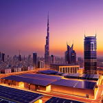 **Prompt:** A modern city skyline at dusk, showcasing buildings with solar panels and smart lighting systems. The sky is a blend of orange and purple, reflecting the advancements in renewable energy and efficient energy management. Arabic script subtly integrated into the cityscape as artistic elements.