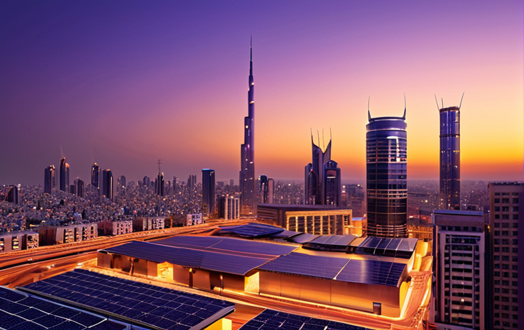 **Prompt:** A modern city skyline at dusk, showcasing buildings with solar panels and smart lighting systems. The sky is a blend of orange and purple, reflecting the advancements in renewable energy and efficient energy management. Arabic script subtly integrated into the cityscape as artistic elements.