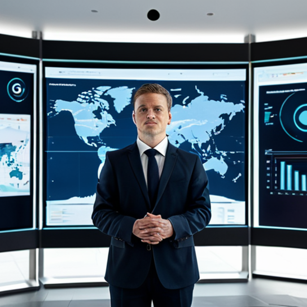 A professional adult in public administration, fully clothed in a modest business suit, stands confidently in a modern, high-tech smart city operations center. Large interactive screens in the background display abstract data visualizations and complex urban planning schematics, reflecting digital transformation and AI integration. The professional observes the data with a focused expression. Perfect anatomy, correct proportions, natural pose, well-formed hands, proper finger count, natural body proportions, professional photography, high resolution, cinematic lighting, appropriate attire, safe for work, appropriate content, fully clothed, professional.