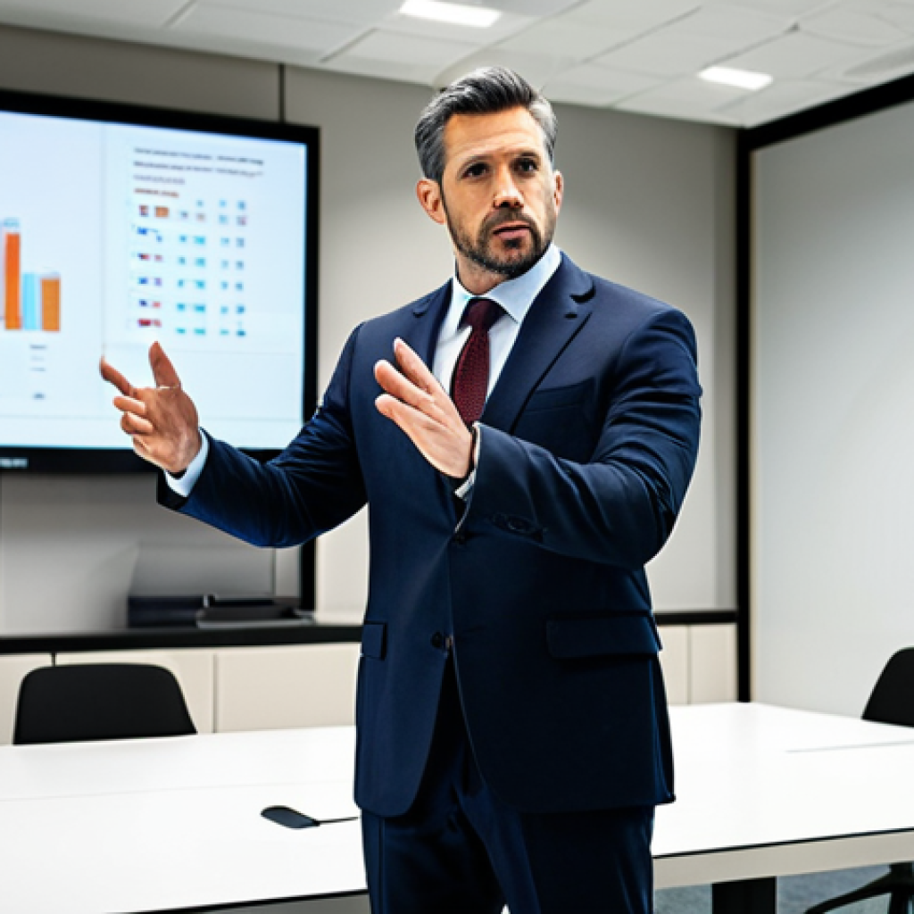 A confident Public Affairs Manager, a male subject in a modest dark business suit, standing in a brightly lit, modern government conference room. He is presenting with a professional demeanor, gesturing towards a large screen displaying strategic data. The background features a clean, contemporary office environment. Fully clothed, appropriate attire, safe for work, professional dress, perfect anatomy, natural proportions, well-formed hands, correct finger count, natural body proportions, high-quality professional photography, appropriate content.