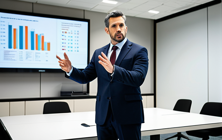 A confident Public Affairs Manager, a male subject in a modest dark business suit, standing in a brightly lit, modern government conference room. He is presenting with a professional demeanor, gesturing towards a large screen displaying strategic data. The background features a clean, contemporary office environment. Fully clothed, appropriate attire, safe for work, professional dress, perfect anatomy, natural proportions, well-formed hands, correct finger count, natural body proportions, high-quality professional photography, appropriate content.