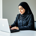 **

"A professional businesswoman in a modest, tailored abaya and hijab, working on a laptop in a modern, sunlit office in Dubai, fully clothed, appropriate attire, safe for work, perfect anatomy, natural proportions, professional photography, high quality, family-friendly."

**