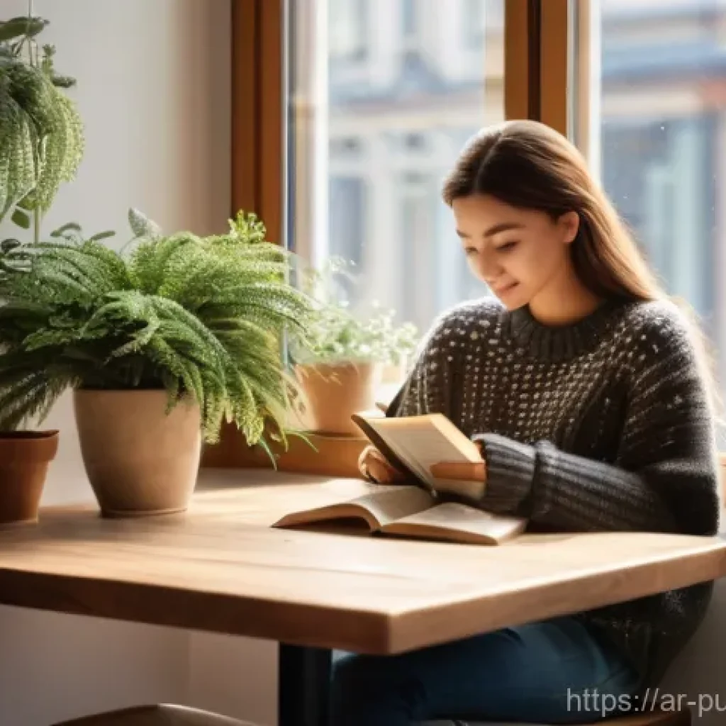 공공관리사 취업 시 추천하는 이력서 작성법 - A cozy, sunlit cafe scene with a person (gender-neutral, wearing a stylish, comfortable sweater and ...