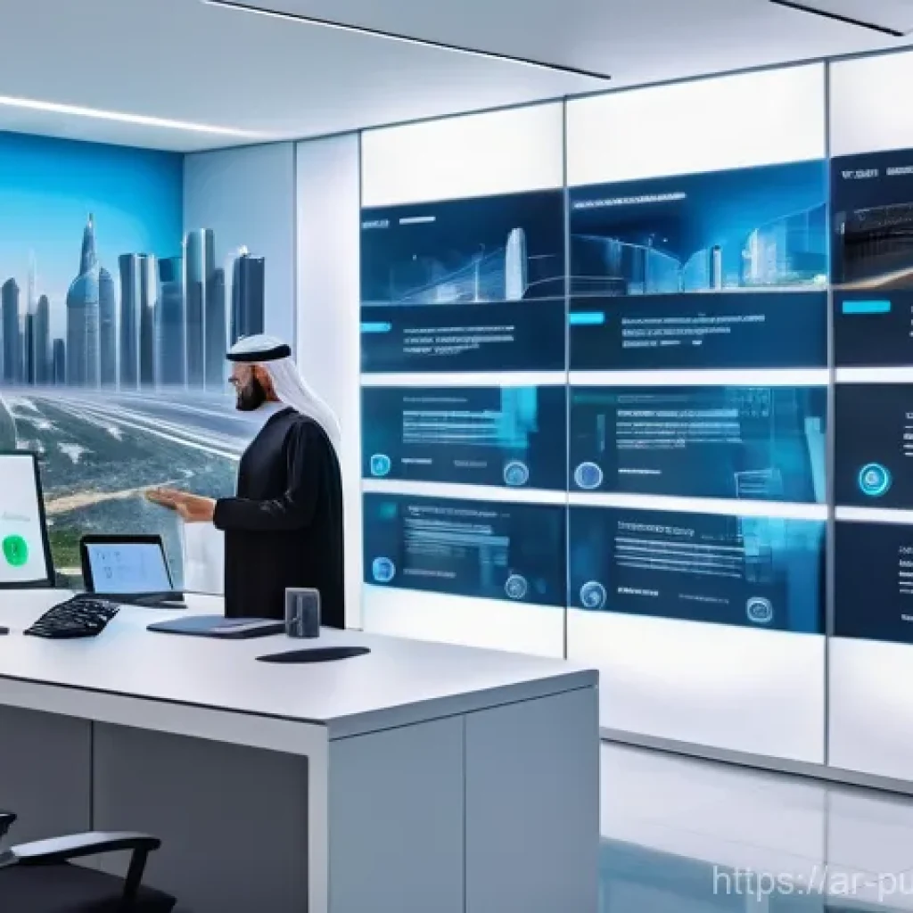 공공관리사 실무에서 필요한 도구와 기술 - A bustling, modern government service center in a vibrant, clean Arab city. The setting should be br...