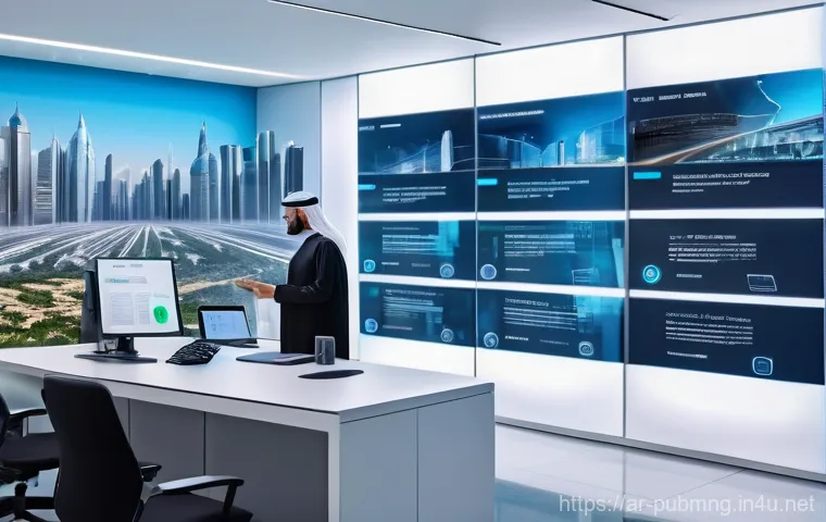 공공관리사 실무에서 필요한 도구와 기술 - A bustling, modern government service center in a vibrant, clean Arab city. The setting should be br...