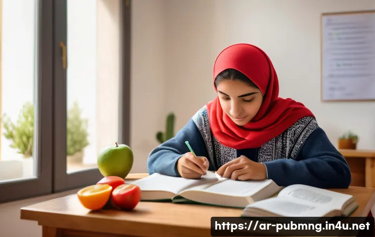 공공관리사 시험 준비 중 자주 묻는 질문 - A focused young Arab student in traditional modest clothing sitting at a tidy study desk in a cozy h...