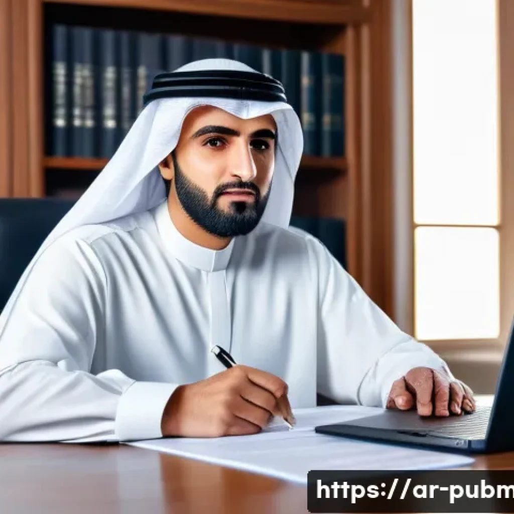 공공관리사와 유사 자격증 비교 - A professional Arab man in traditional attire, sitting confidently at a modern government office des...