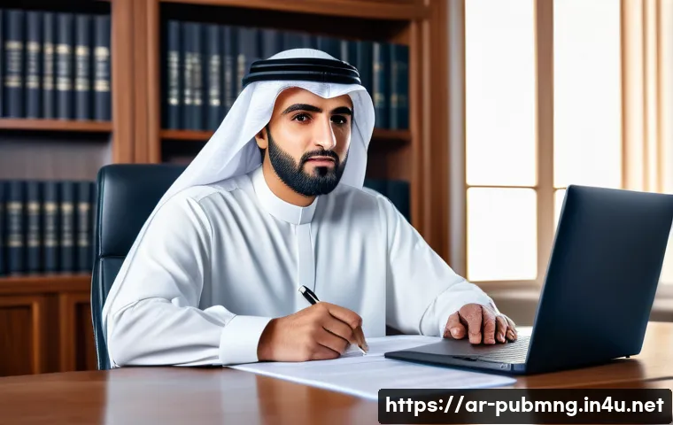 공공관리사와 유사 자격증 비교 - A professional Arab man in traditional attire, sitting confidently at a modern government office des...