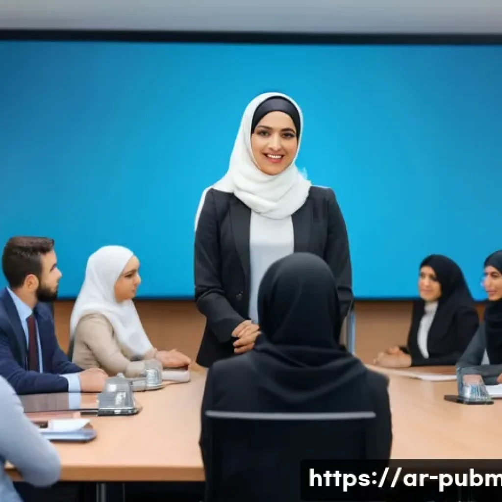 공공관리사와 관련된 교육 프로그램 리뷰 - A professional Middle Eastern woman leading a government training workshop in a modern conference ro...