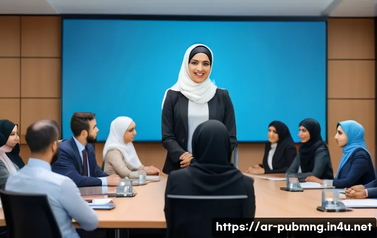 공공관리사와 관련된 교육 프로그램 리뷰 - A professional Middle Eastern woman leading a government training workshop in a modern conference ro...