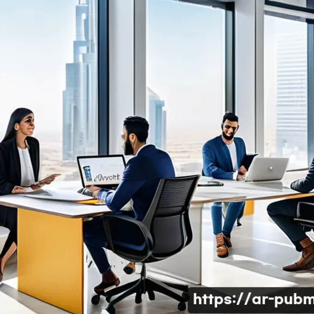 공공관리사 자격증을 통한 경력 확장 가능성 - A diverse group of professional Arab men and women in modern business attire collaborating in a brig...