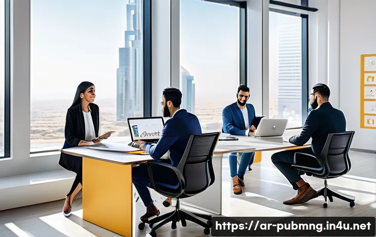 공공관리사 자격증을 통한 경력 확장 가능성 - A diverse group of professional Arab men and women in modern business attire collaborating in a brig...