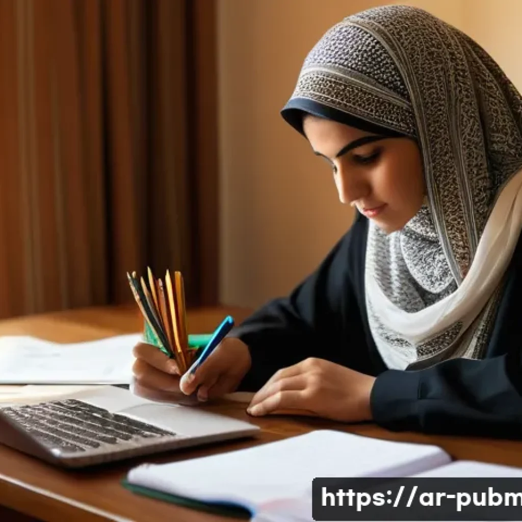 공공관리사 시험 대비를 위한 학습 전략 - A focused Arab young adult woman studying at a neat desk in a calm, softly lit room, surrounded by o...