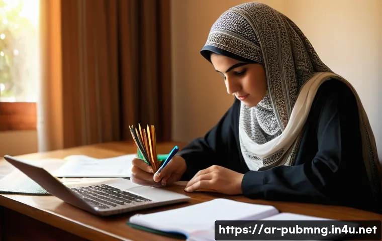공공관리사 시험 대비를 위한 학습 전략 - A focused Arab young adult woman studying at a neat desk in a calm, softly lit room, surrounded by o...