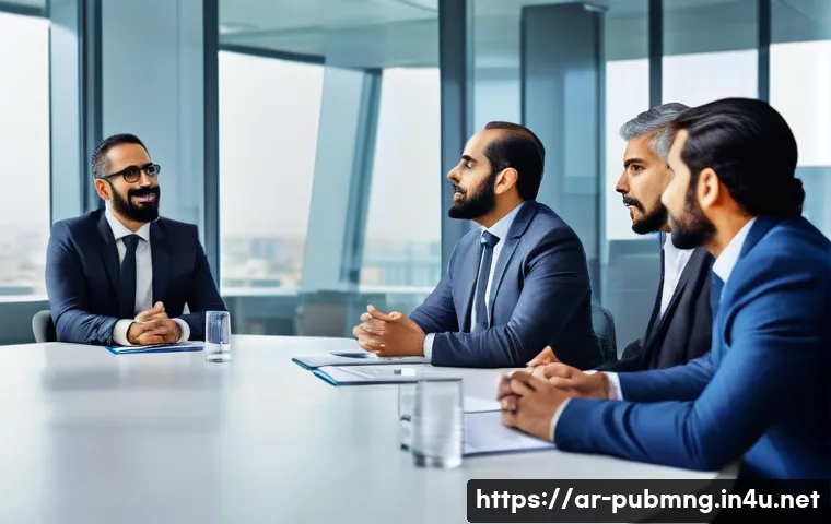 공공관리사 직무에서의 커리어 개발 방향 - A professional government office scene featuring a diverse group of Arab public sector employees eng...