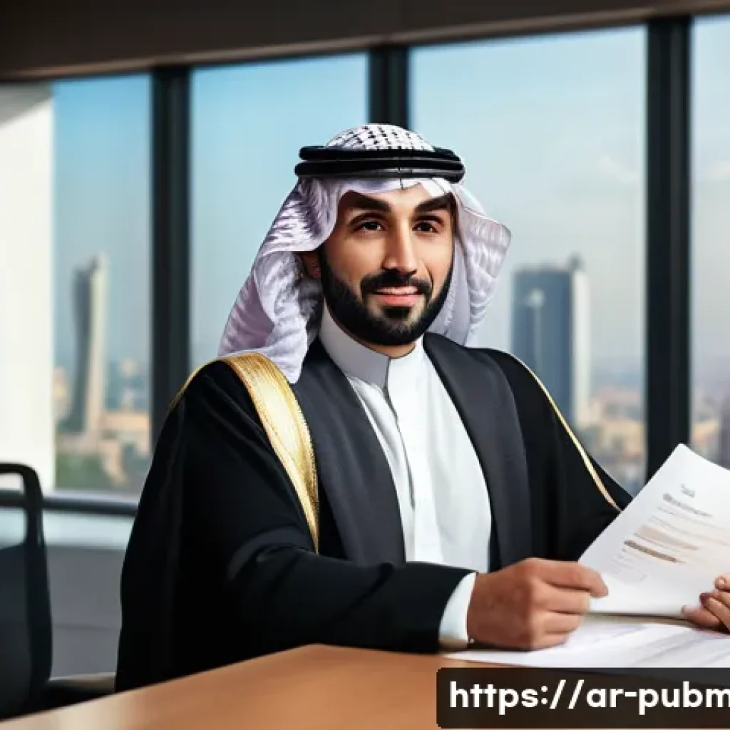 공공관리사 자격증 관련 자주 묻는 질문 - A professional Arab man in formal business attire sitting confidently at a modern office desk, surro...