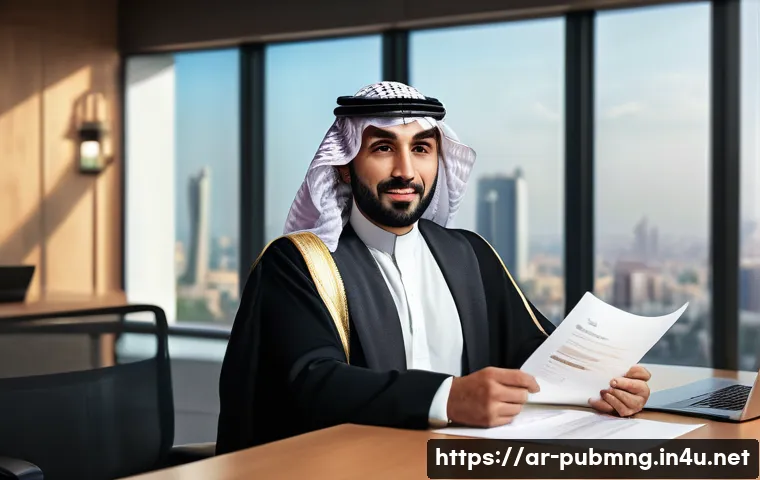 공공관리사 자격증 관련 자주 묻는 질문 - A professional Arab man in formal business attire sitting confidently at a modern office desk, surro...