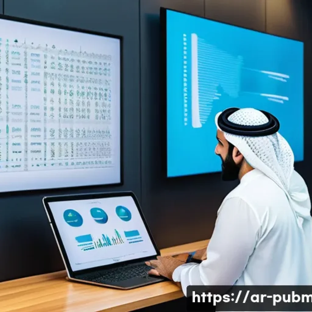 공공관리사 실무에서 필요한 소프트웨어 활용 방법 - A modern Arab government office scene showing diverse employees collaborating efficiently using digi...