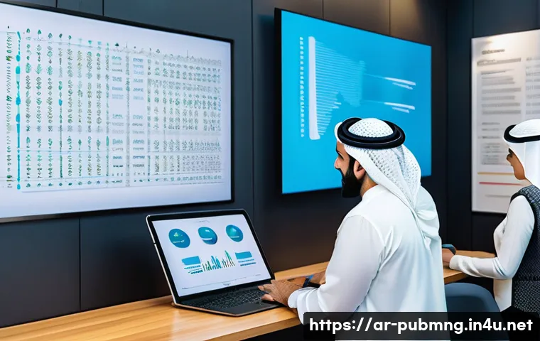 공공관리사 실무에서 필요한 소프트웨어 활용 방법 - A modern Arab government office scene showing diverse employees collaborating efficiently using digi...