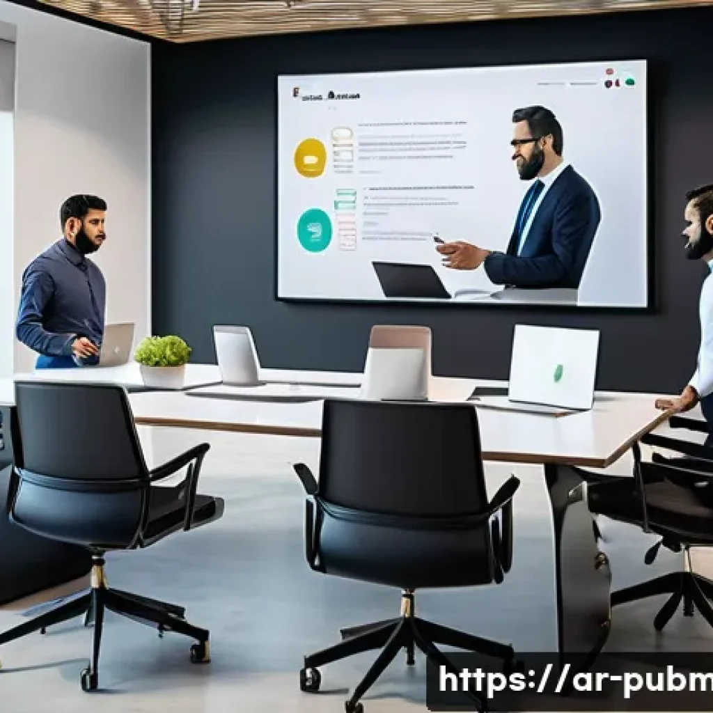 공공관리사 실무에서의 주요 문제와 해결 방법 - A modern office environment in a Middle Eastern corporate setting, featuring diverse professional te...