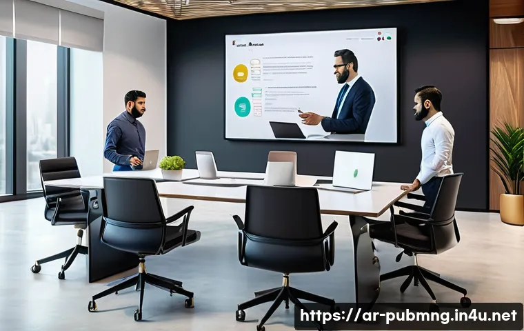 공공관리사 실무에서의 주요 문제와 해결 방법 - A modern office environment in a Middle Eastern corporate setting, featuring diverse professional te...