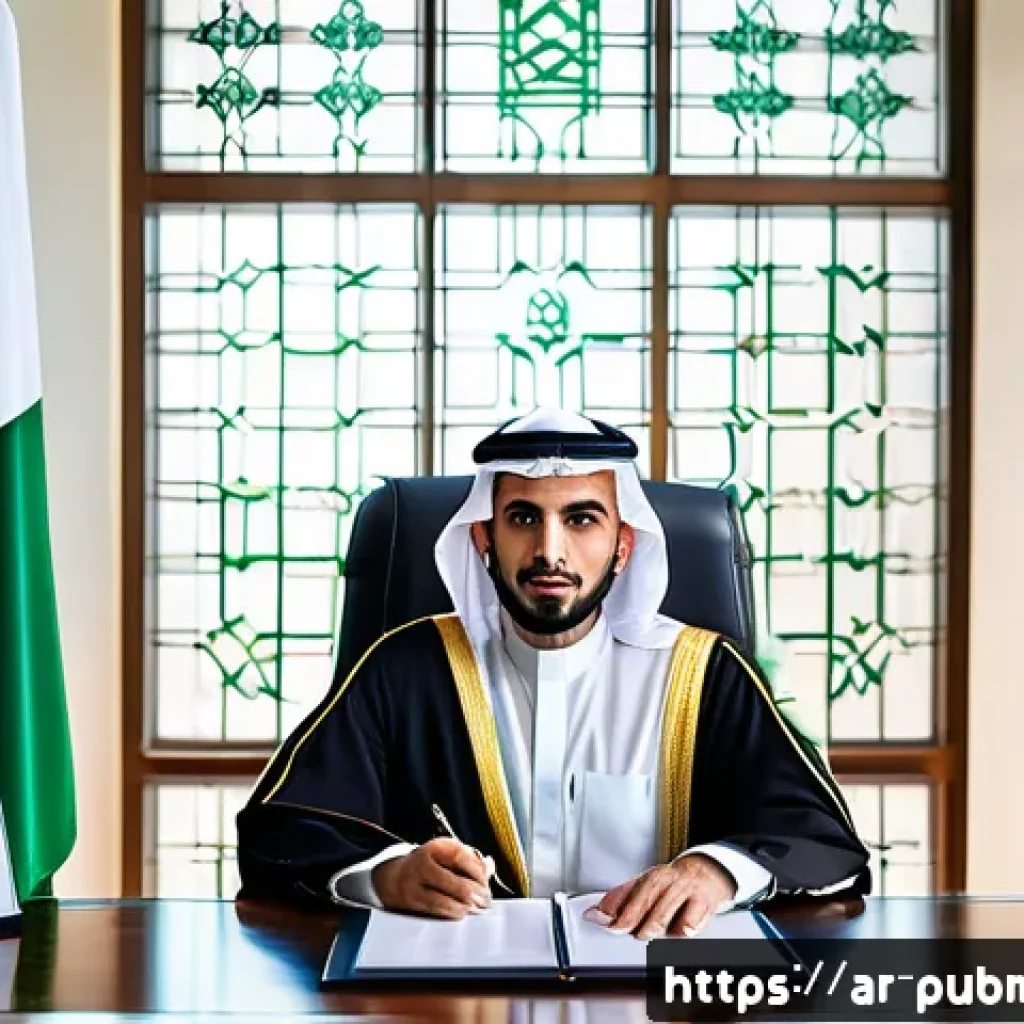 공공관리사 관련 법령과 규정 이해 - A professional Arab man in formal attire, sitting confidently at a modern government office desk, su...