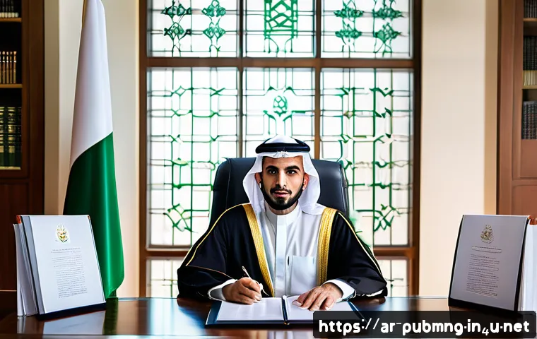 공공관리사 관련 법령과 규정 이해 - A professional Arab man in formal attire, sitting confidently at a modern government office desk, su...