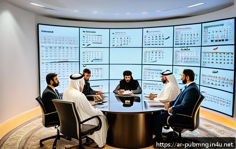 공공관리사 필기시험에서 자주 출제되는 이론 - A detailed and professional office scene showing a diverse group of Arab business professionals in t...