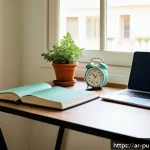공공관리사 시험 준비 과정에서의 시간 관리 방법 - A serene and organized home study corner designed for an Arabic-speaking student, featuring a quiet ...