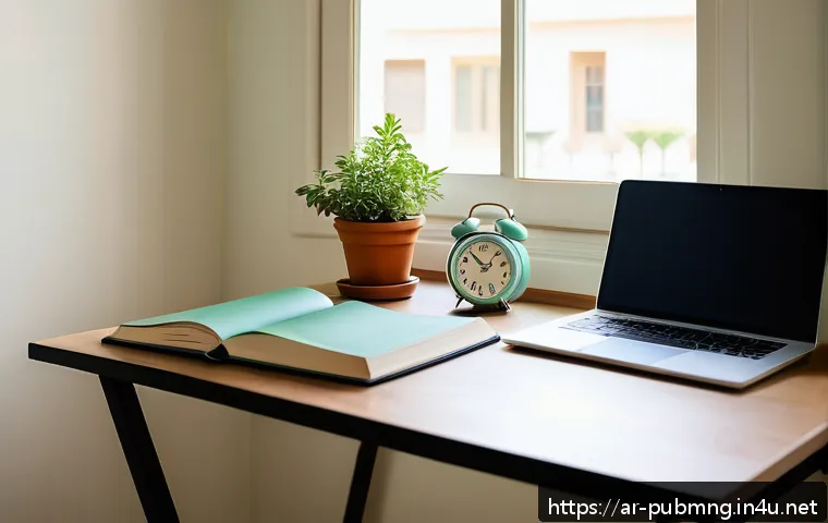공공관리사 시험 준비 과정에서의 시간 관리 방법 - A serene and organized home study corner designed for an Arabic-speaking student, featuring a quiet ...