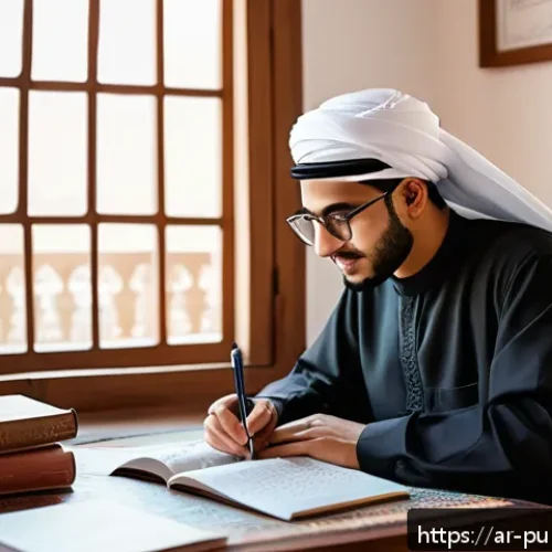 공공관리사 시험 준비 과정에서 자주 하는 실수 - A focused Arab student studying at a traditional wooden desk in a cozy room decorated with Arabic ca...