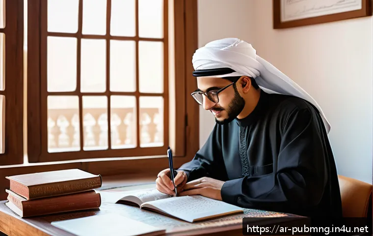 공공관리사 시험 준비 과정에서 자주 하는 실수 - A focused Arab student studying at a traditional wooden desk in a cozy room decorated with Arabic ca...