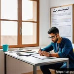 공공관리사 시험 준비 중 겪는 어려움 해결 - A focused Arab male student studying at a modern desk in a cozy home office, surrounded by Arabic-la...