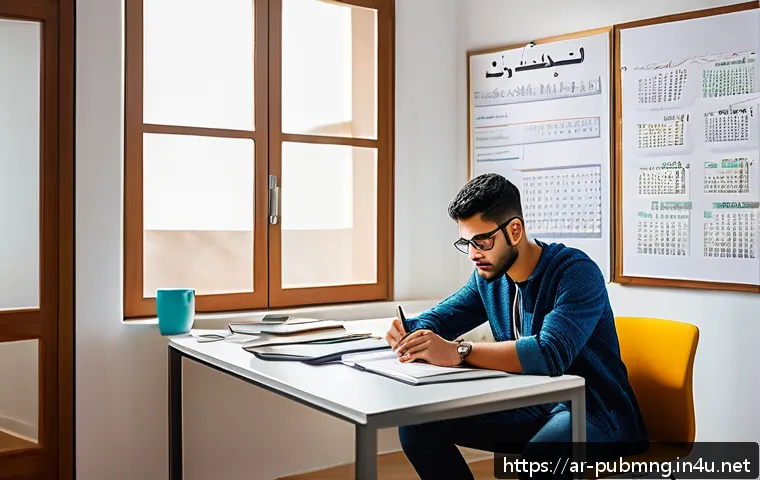 공공관리사 시험 준비 중 겪는 어려움 해결 - A focused Arab male student studying at a modern desk in a cozy home office, surrounded by Arabic-la...