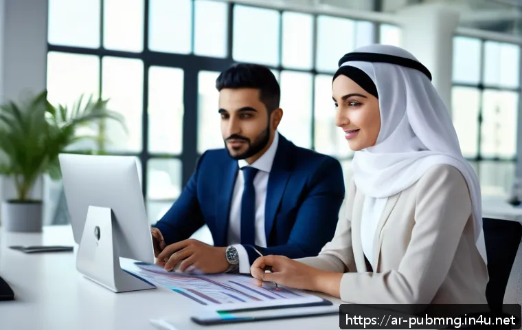 공공관리사 자격증으로 진출할 수 있는 글로벌 시장 - A professional Middle Eastern man and woman in business attire collaborating in a modern multicultur...
