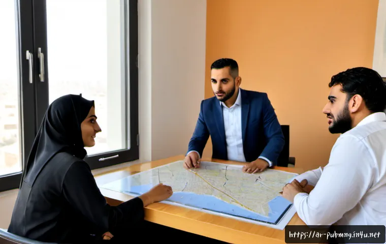 공공관리사 취업 시 필요한 스킬 - Photorealistic public management job skills scene, an Arab professional in modest business attire le...